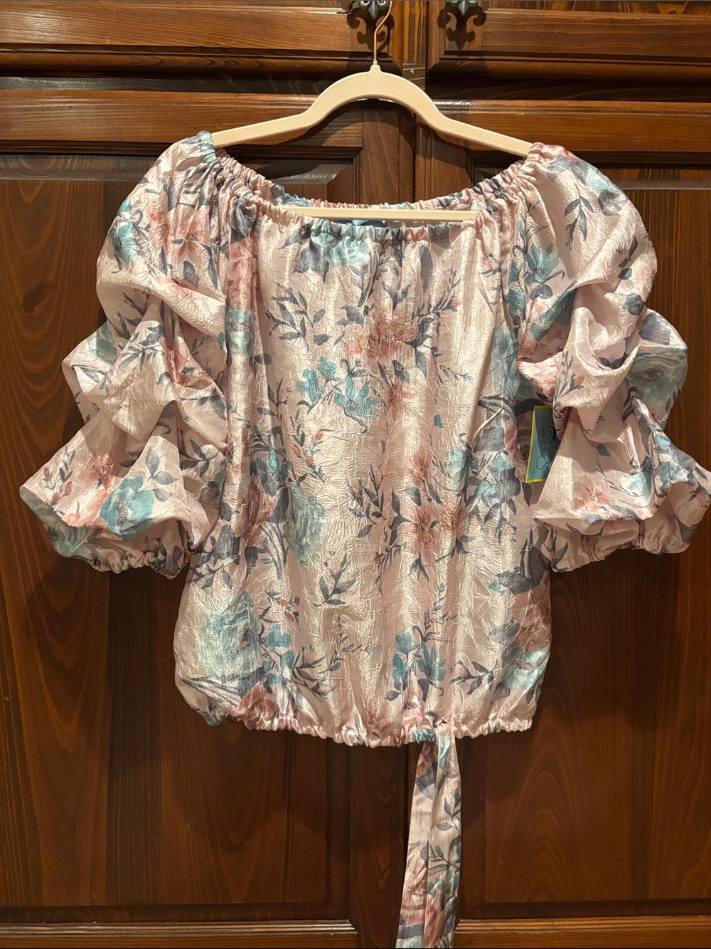 CeCe Pink and Blue Ruffled Tie Front Blouse